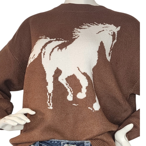 Main Strip Sweaters - NWT Main Strip Saddle Up Horse Knit Sweater Brown Western Large
